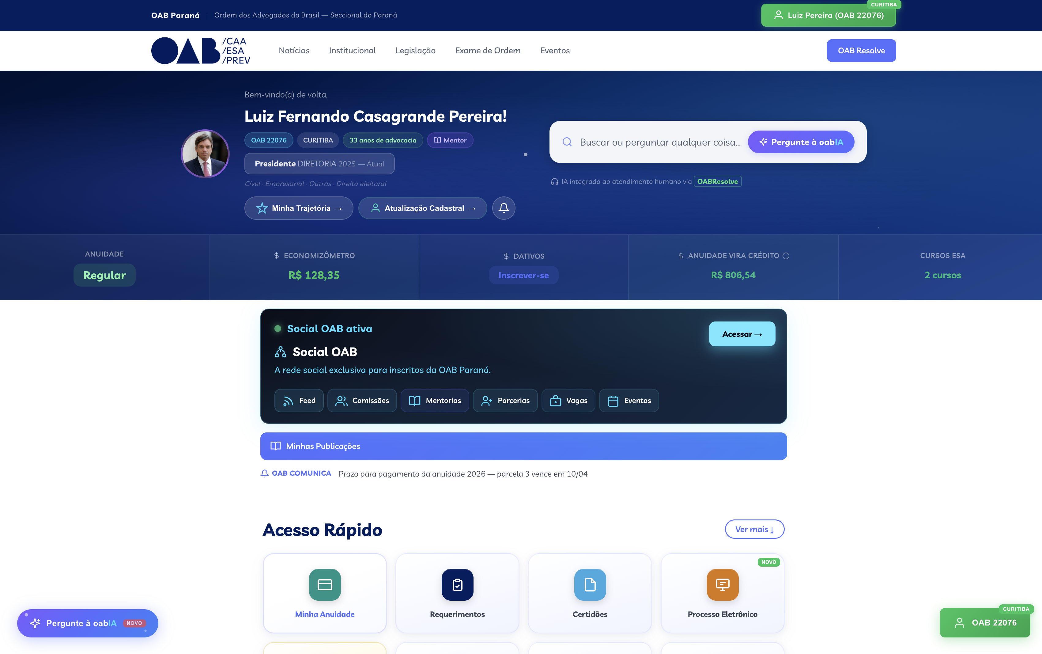 Dashboard completo do Portal OAB Paran&aacute;