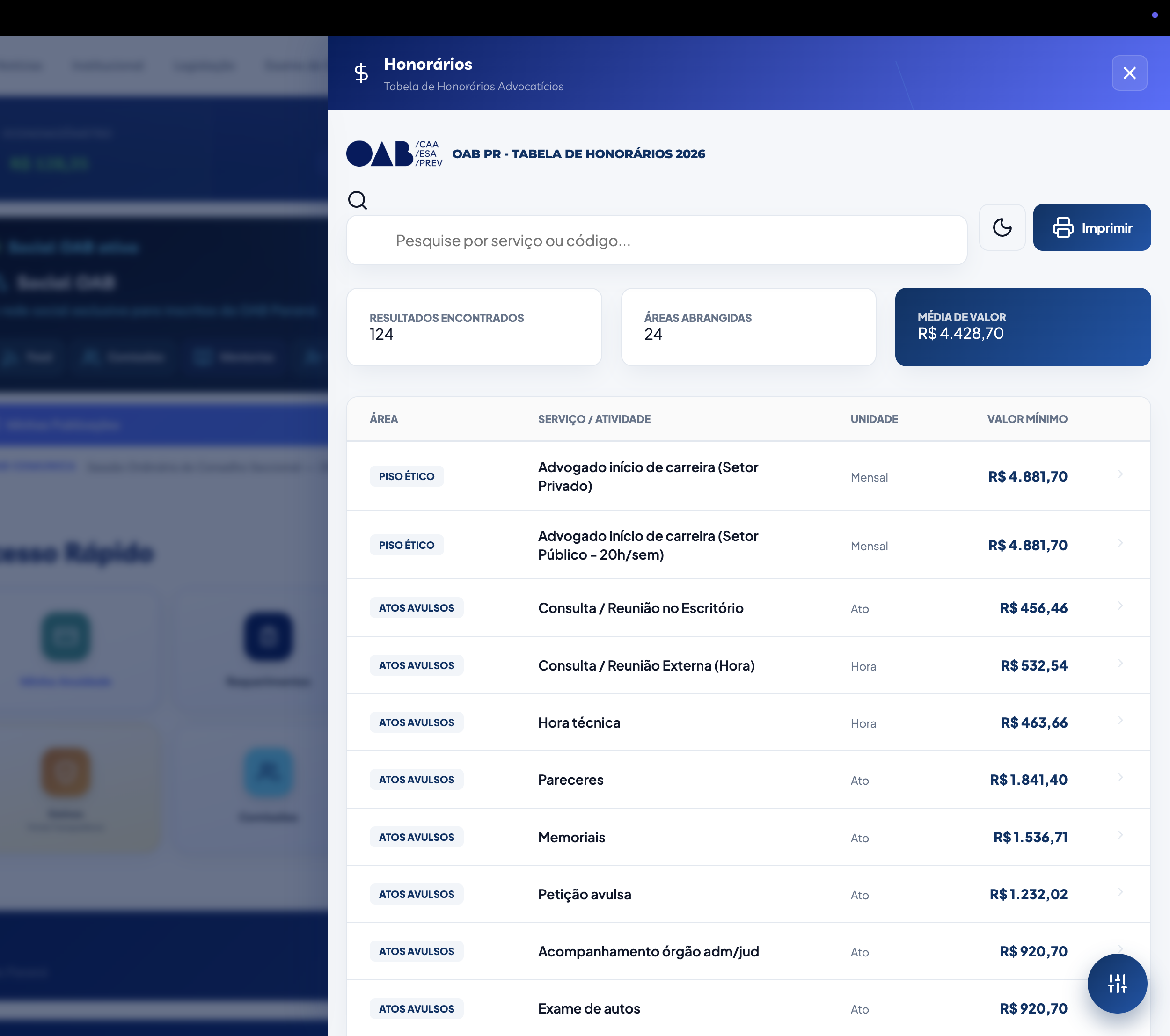 Tabela de Honor&aacute;rios