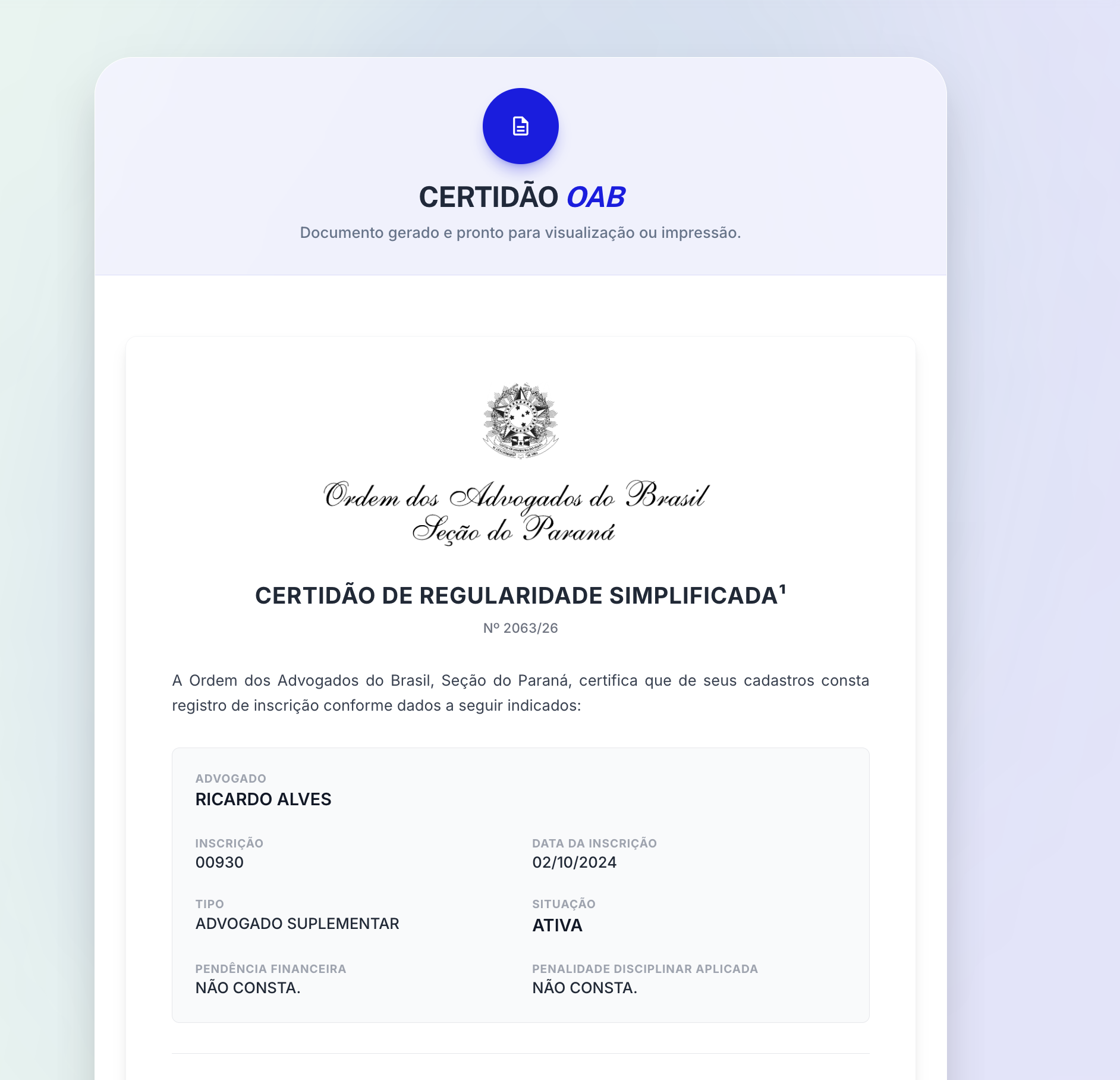 Certid&atilde;o OAB digital
