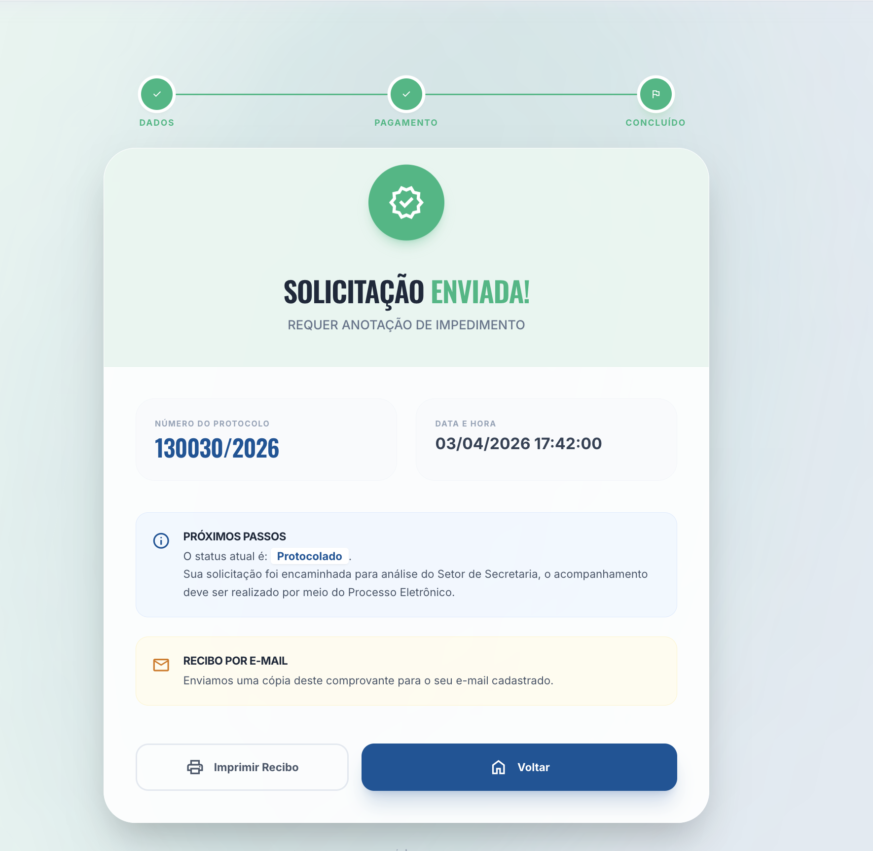 Requerimento enviado com protocolo